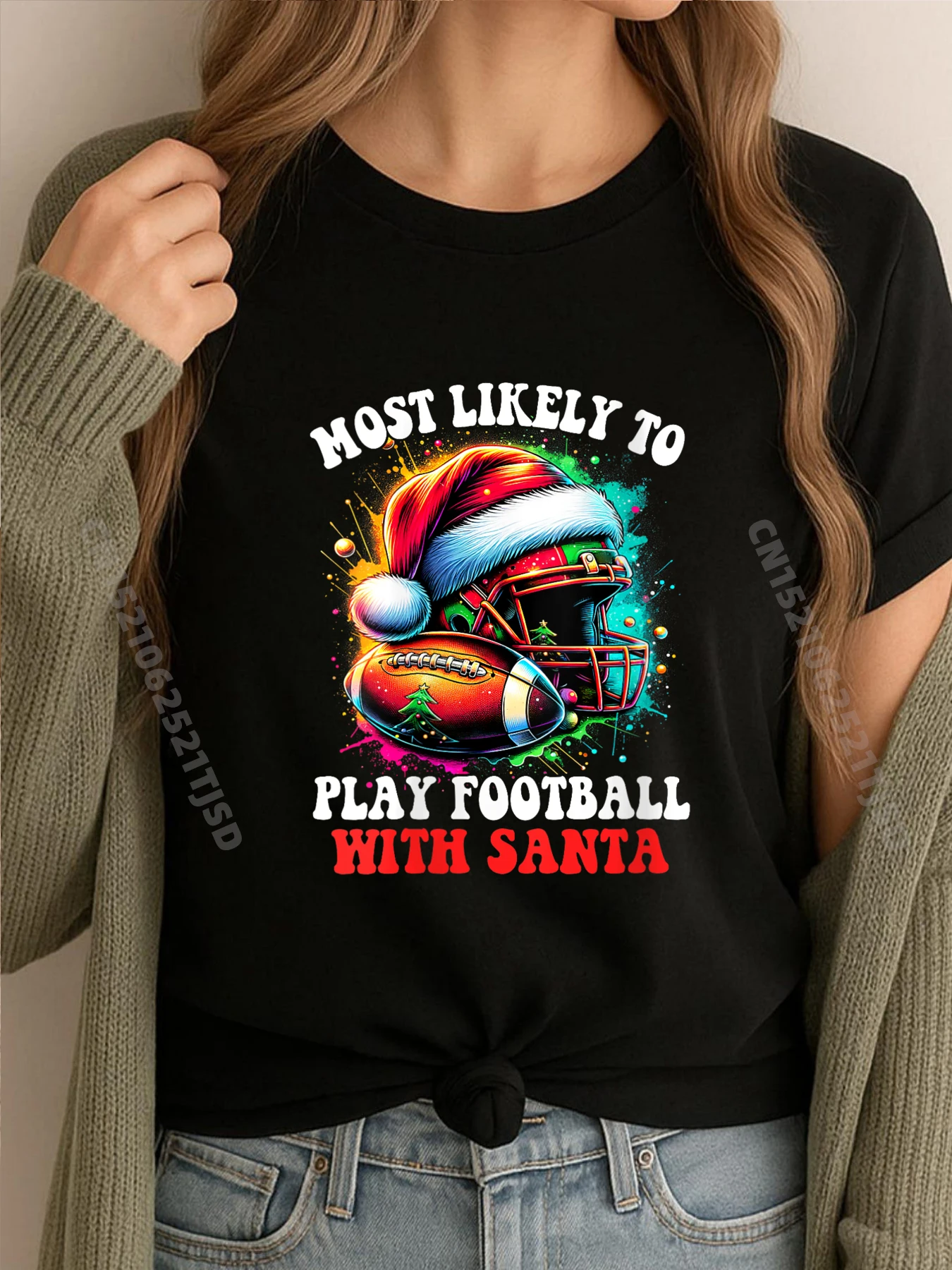 

Most Likely To Play Football With Santa Family Christmas 3XL Woman Clothing Unisex Men's T-Shirts Classic