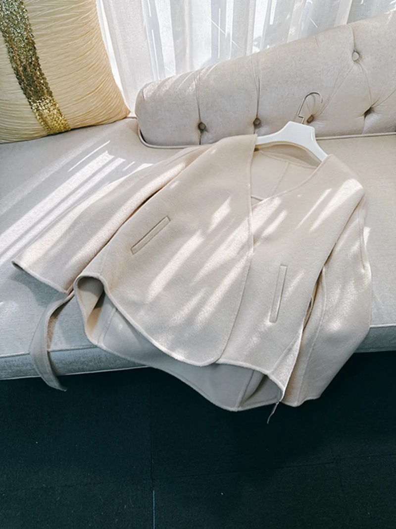 

Ele Gentle винтажное двустороннее шерстяное пальто в Корейском стиле свободного покроя Long Sve V-Ne Thiened осенне-зимняя верхняя одежда