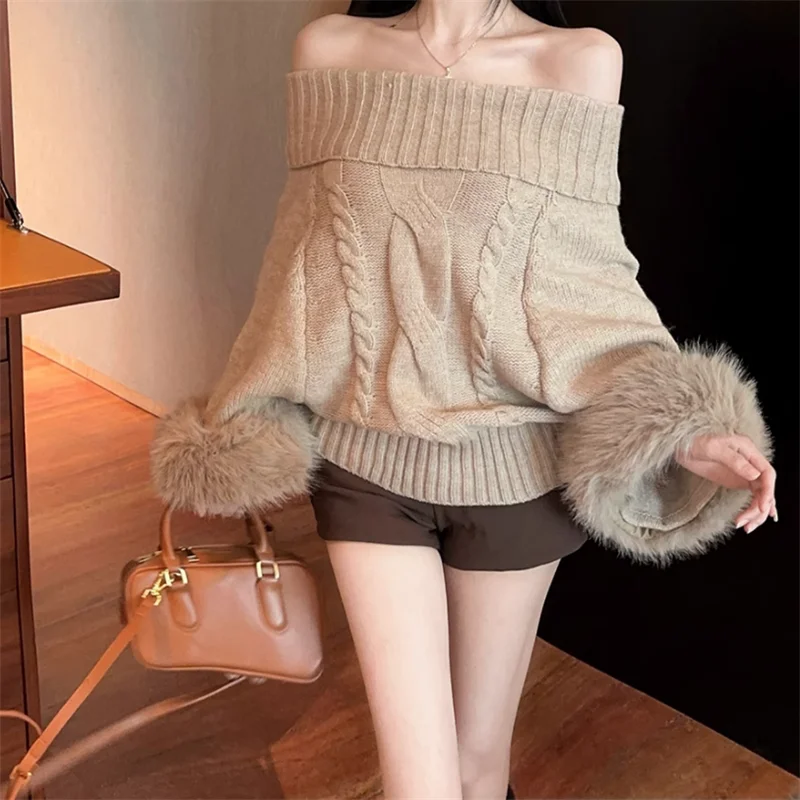 เสื้อสเวตเตอร์ไหมพรมแขนยาวทรงแบทวิง คอเฉียง ไหล่เดียว แต่งขนเฟอร์เทียม สีขาว เทา กากี ทรงหลวม สไตล์ลำลอง