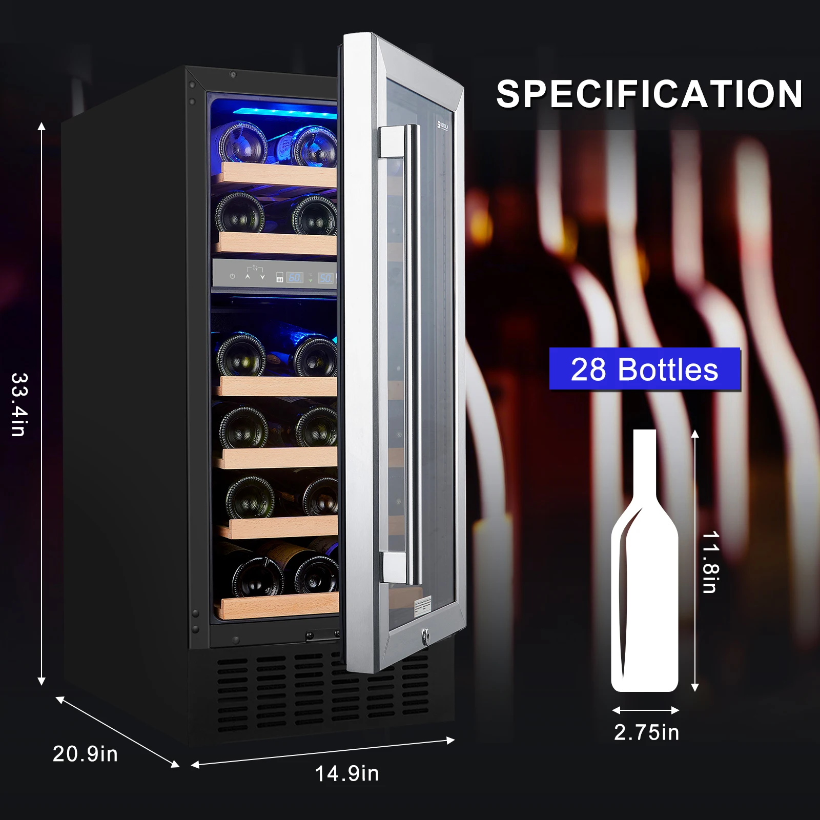 SOTOLA-refrigerador de vino de doble zona de 15 pulgadas, 28 botellas, enfriamiento rápido, bajo ruido, con compresor profesional Sta