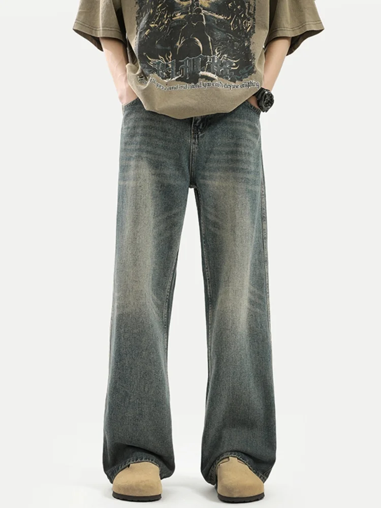 

Американские летние мужские джинсы High Street Cool Cleanfit, расклешенные длинные брюки, широкие брюки с эффектом потертости, модные прямые брюки