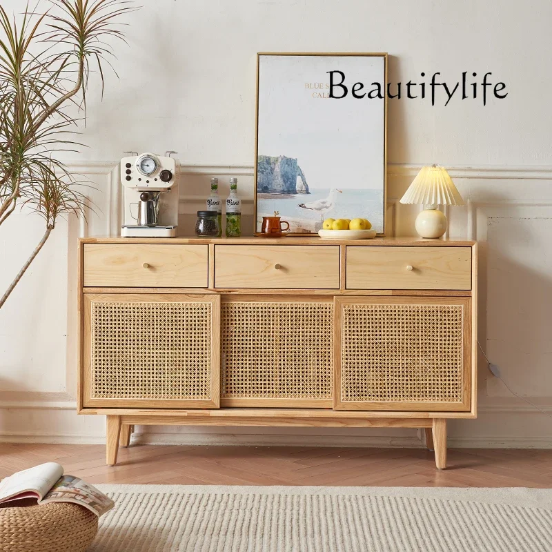 

Nordic Rattan Sideboard Cabinet Living Room Solid Wood Locker Wall-Mounted Drawer Storage Cabinet