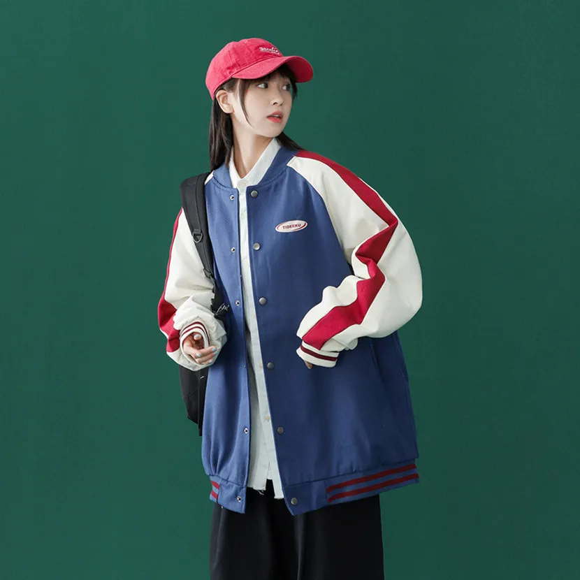 

Couples Baseball Jaet Letter Print Splicing Color Blo Men's Faion Outerwear Spring Autumn Loose Fit Anti-Wrinkle