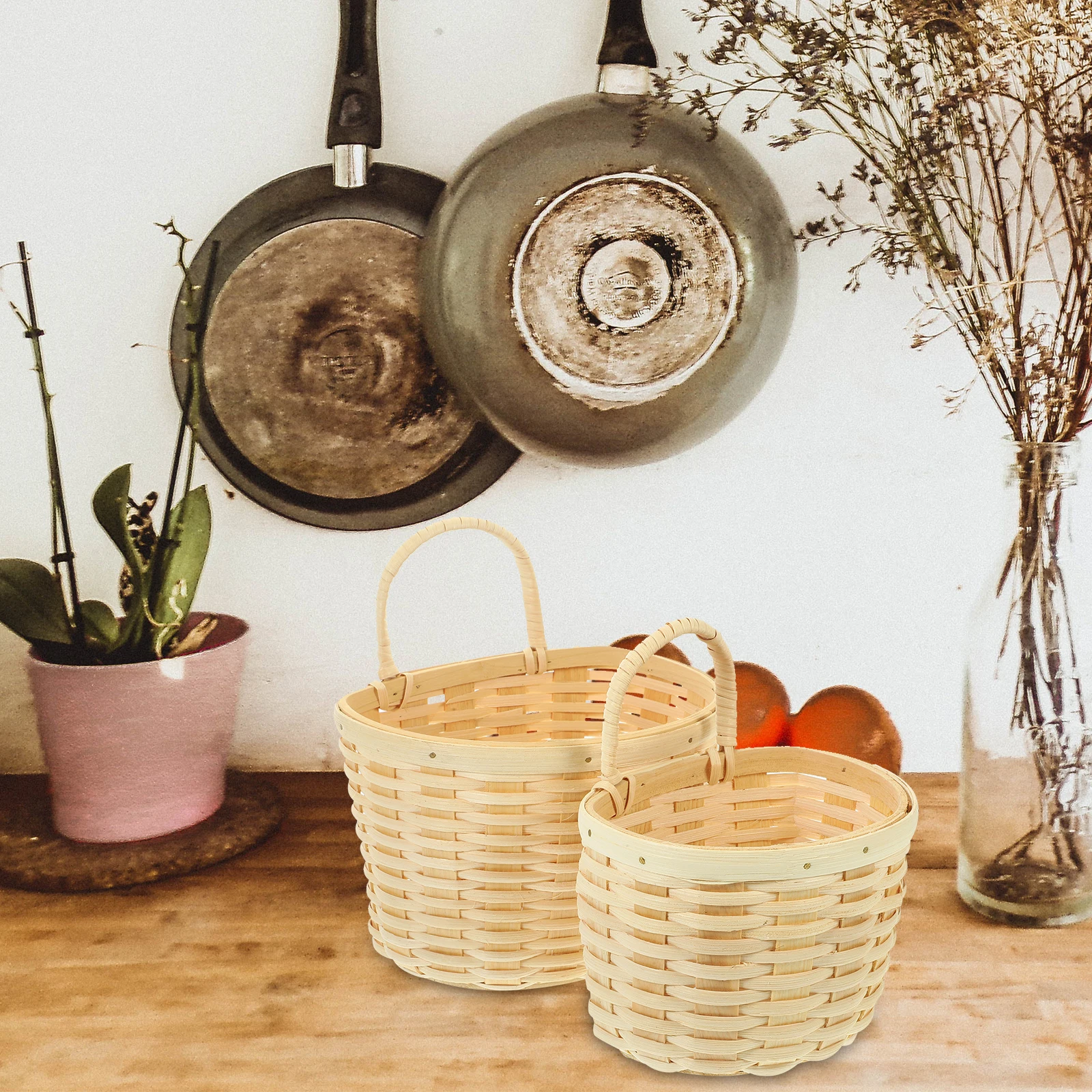 

1 set Wall Hanging Storage Basket Rattan Woven Kitchen Fruits Vegetables Ginger Garlic Eggs Baskets Safe Materials