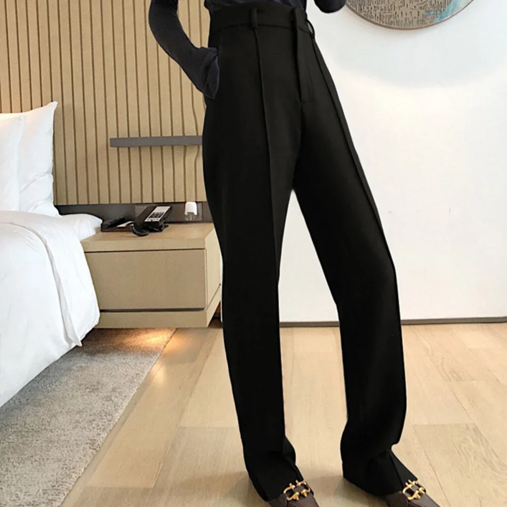 Autumn and Winter New Mid-high Waist Tapered Slim Slender Legs Side Slit Trousers