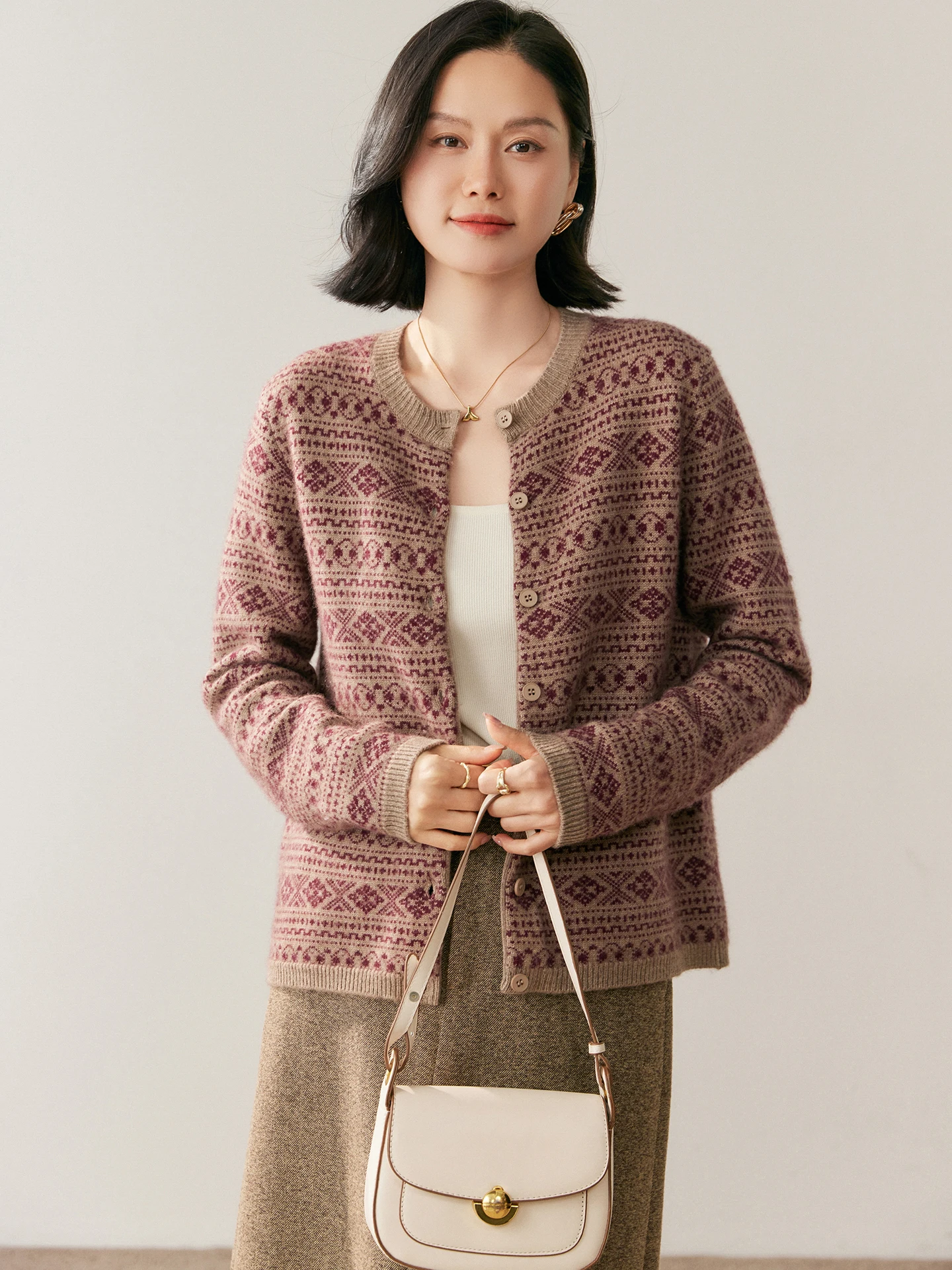 

Women's 100% Goat Cashmere Cardigan Sweater Autumn Winter O-neck Button Fair Isle Retro Soft Knit Clothing Light Luxury High-end
