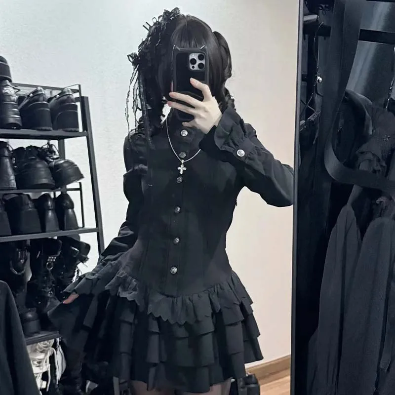 Japanese Y2K Aesthetics Vintage Bow Dress Women Gothic Lolita Style Long Sleeve Shirt Dress High Street Black Lace Mini Skirts