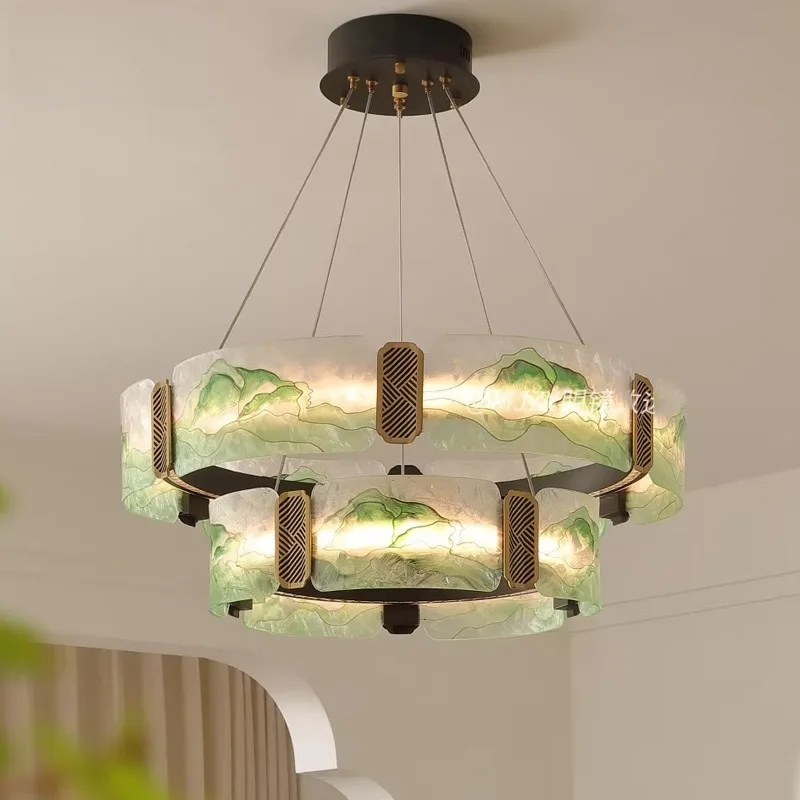 New Chinese style enamel color restaurant chandelier Song style aesthetics high sense dining table room study lamp copper