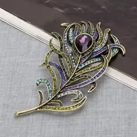 Vintage Peacock Feather Brooch Pin Elegant Lapel Scarf Coat Rhinestone Dress Decor Jewelry Accessory Women Birthday BroochesGift