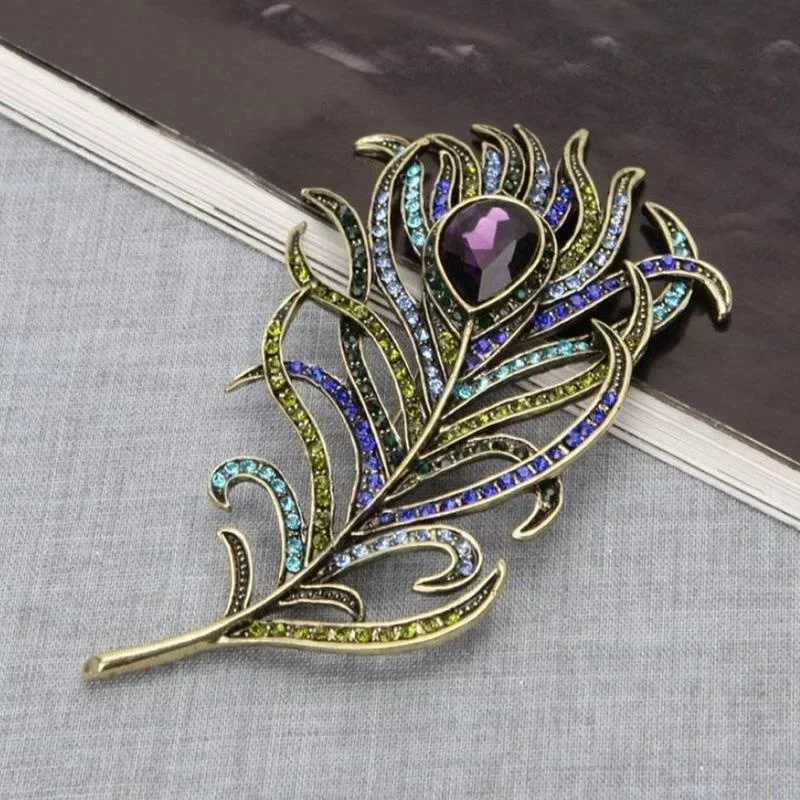 Vintage Peacock Feather Brooch Pin Elegant Lapel Scarf Coat Rhinestone Dress Decor Jewelry Accessory Women Birthday BroochesGift