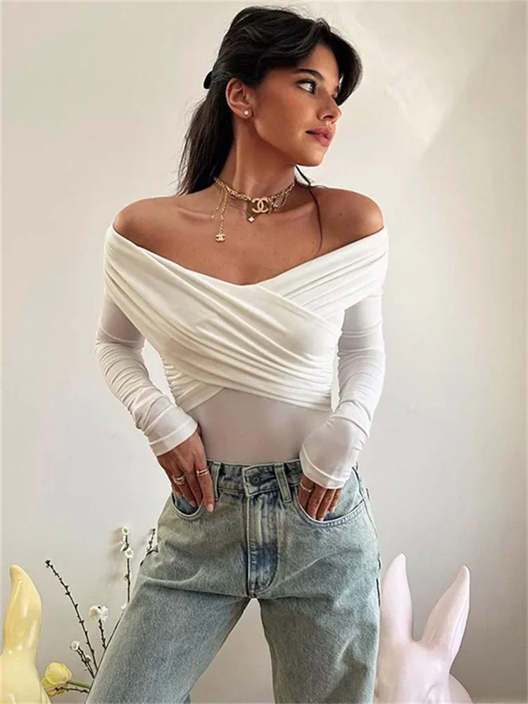 

V-Neck Summer Patchwork T-shirt Cropped Top For Women Fashion Mesh Long Sleeve Sexy Off-Shoulder Female Y2k Top Tee 2024