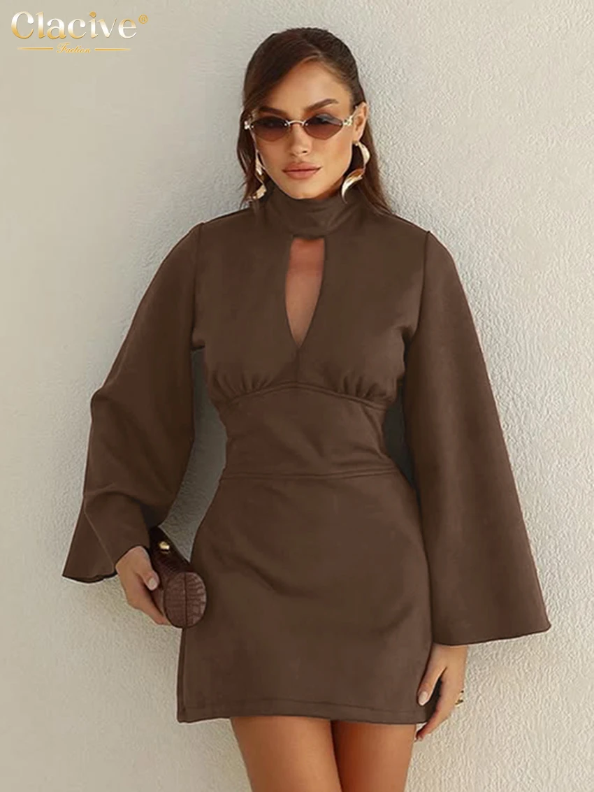 

Clacive Fashion Slim Brown Women's Dress Bodycon Stand Collar Long Sleeve Mini Dresses Elegant Classic High Waist Female Dress