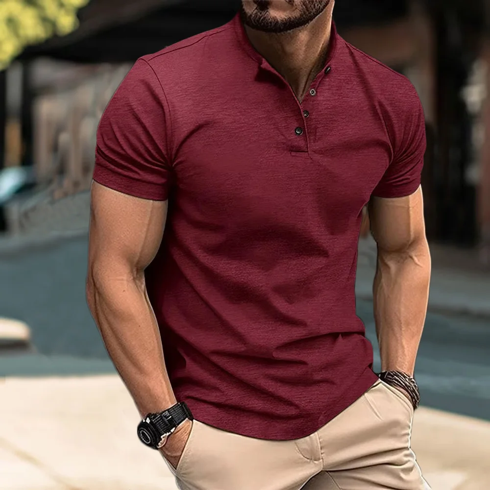 Men\'s Henry Collar Cotton Short Sleeve T-shirt Casual Solid PoIo Shirt Male Cozy Tees Slim Fit Dailywear Button Up Basic Tops