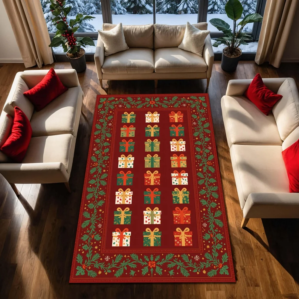 Christmas Gift Box Holly Pattern graphics carpet living room sofa front festive dining corner Non Slip floor mat Gift