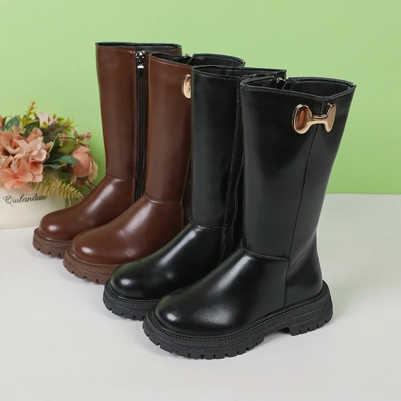 Girls Long Boots Black Fashion Kids Leather High Boots 2024 Autumn Winter Fashion Warm Fur Children Motorcycle Boots Classic