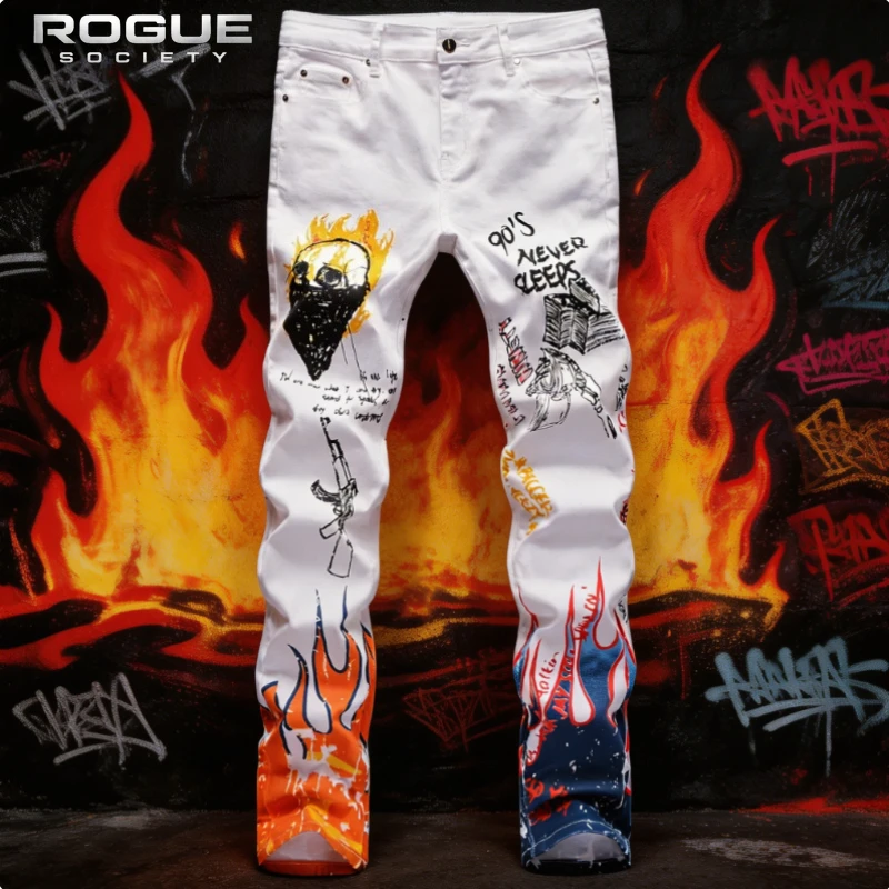 Streetwear Flame Graffiti Print Slim Fit Jeans Men Y2K Skull Pattern Denim Pants Hip Hop Harajuku Letter Trousers Punk Unisex