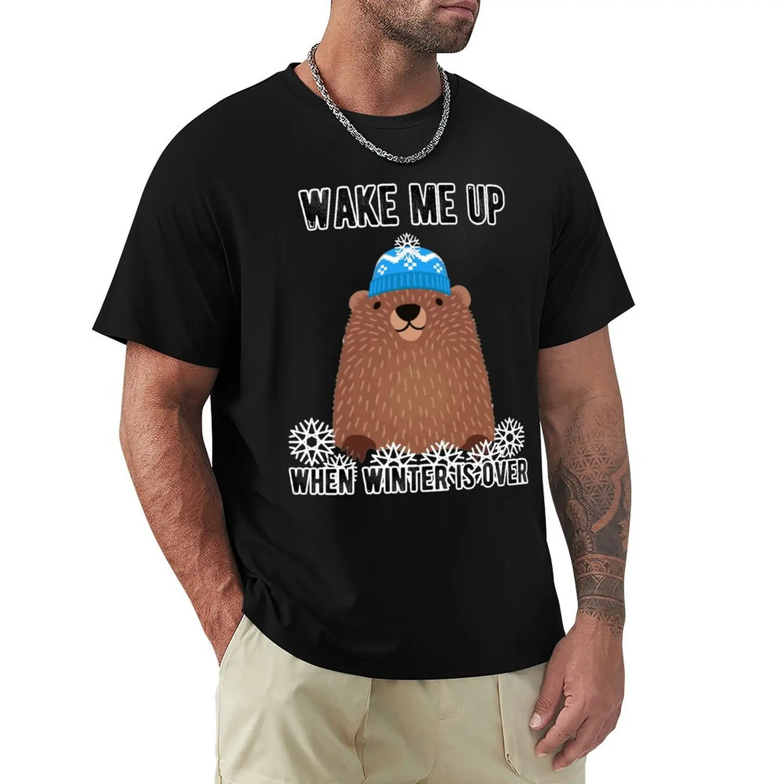 

Wake Me Up When Winter is Over Groundhog with Blue Beanie Hat T-shirt hippie clothes new edition slim fit t shirts for men