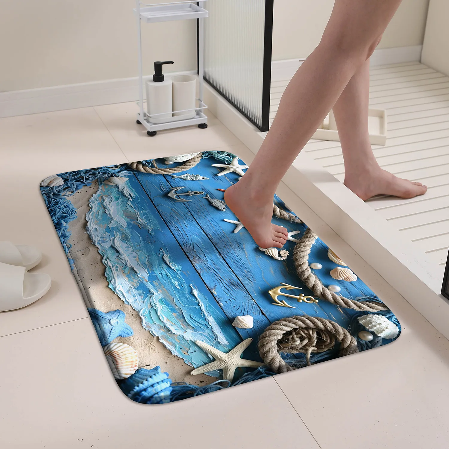 1 Blue Coast Holzstreifen-Seil, Teppich mit Seesternmuster, lange Küchenbodenmatte, maschinenwaschbare Badezimmerbodenmatte, Küchenmatte