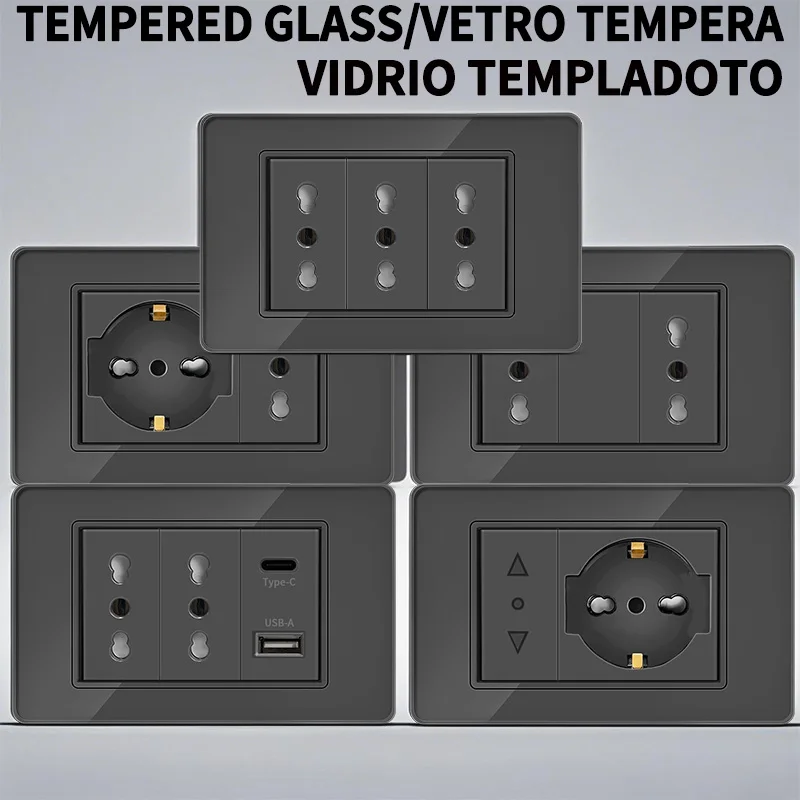 

​​T&I Wall Switch Sockets with USB-C Fast Charging - Italy Socket, Chile Schuko Outlet & Tempered Glass Panel for Home Use