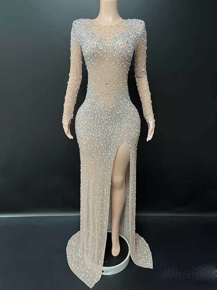 

Высокое качество, горячее тиснение, блестки, сексуальное перспективное сетчатое платье с разрезом, новинка 2025, модная женская одежда на заказ