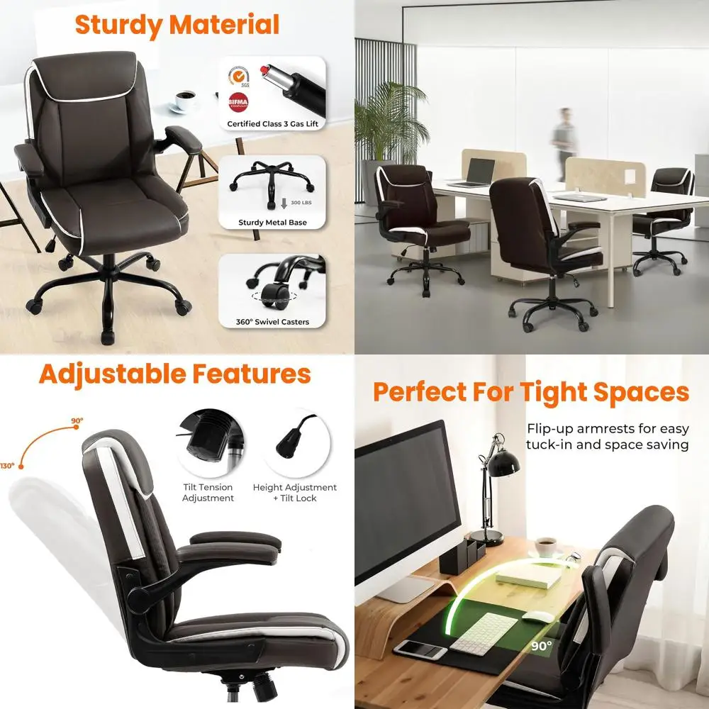 

Эргономичное офисное кресло со средней спинкой из кожи, с регулируемыми подлокотниками, колесиками и поворотным механизмом для дома и работы (коричневое)