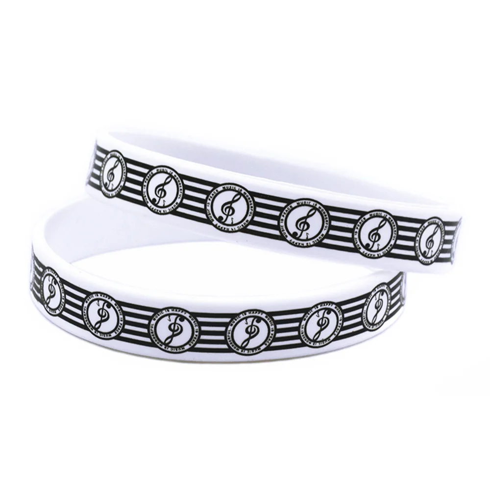 50 Stück Musik-Partygeschenke, Silikonarmband, bedrucktes Musiksymbol, Gummiarmband, weiß – Detail 5