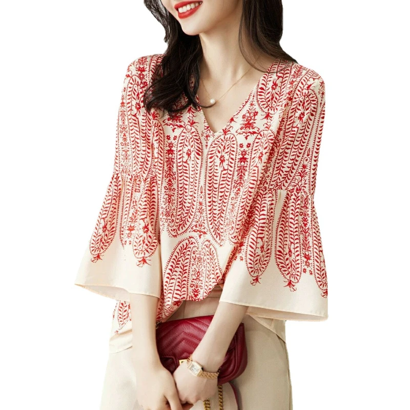 Horn Sleeve V-neck Chiffon Shirt Women's Summer Elegant Style Print Loose Fitting Pullover Seven Quarter Sleeve All-match Blouse