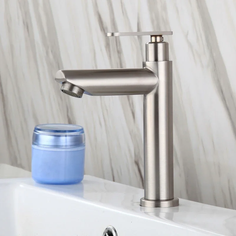 

Faucets Single Handle Bathroom Sink Faucets Brushed Stainless Steel Deck Mounted Washbasin Tap Single Cold Water Bathroom Basin
