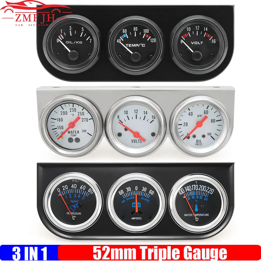 

2" 52mm Triple Meter Car Pointer Oil Pressure Gauge/Water Temp Meter/Voltage/Ammeter/AMP for Gasoline Racing Car 12V custom