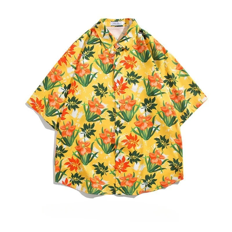 Men's Summer Seaside Vacation Hawaiian Short Sleeve Floral Shirt High Street Retro Casual Loose Handsome Beach Print Shirt Coat