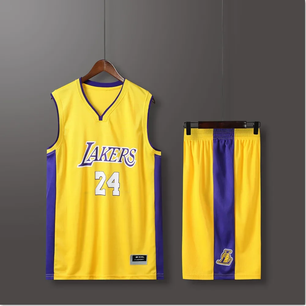 NEW2023 24 Adult Men\'s Lakers No. 24 V-neck Basketball Jersey Team Uniform Set Junior Competition Team Short-Sleeved Team Unifor