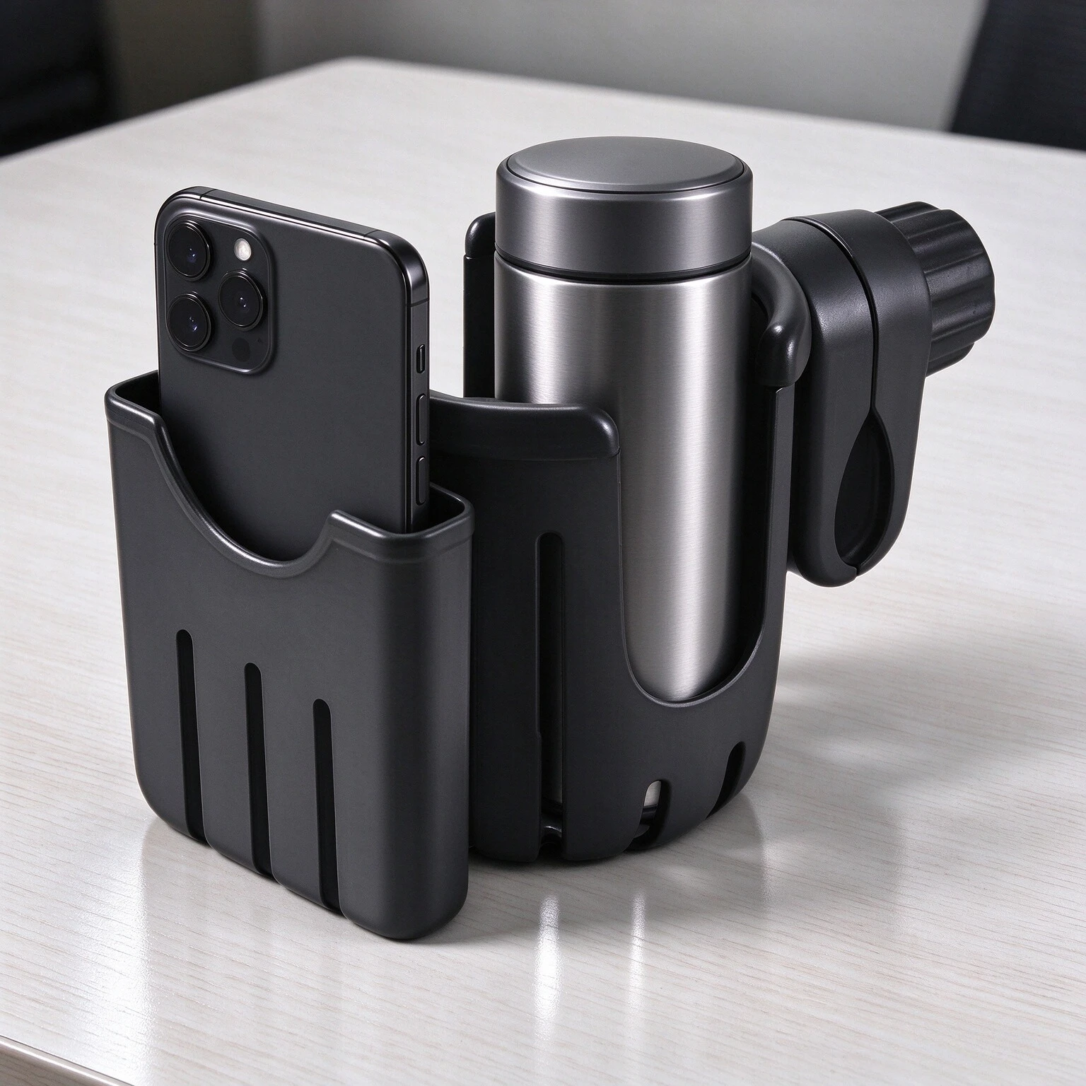 2 in 1 Adjustable Bottle Holder Clamp Stroller Water Cup with Phone Holder Universal Wide for Bike Wheelchair Walker Scooter