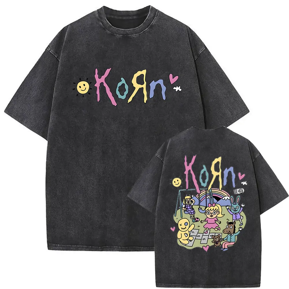 Washed Vintage Korn Music Concert Rock Band WORLD TOUR T Shirts Men Women Vintage Black Gothic Oversized T-shirts Short Sleeve