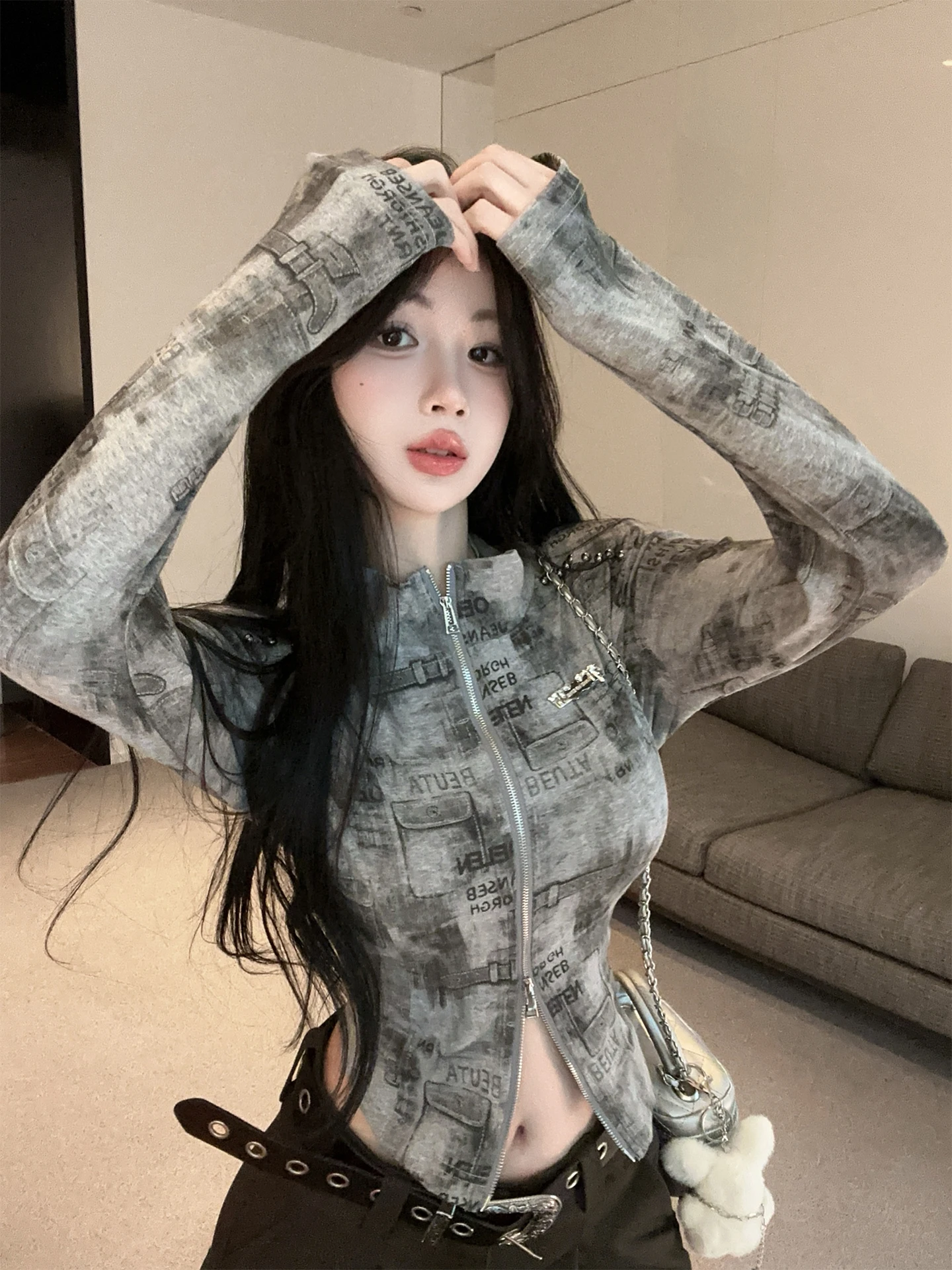 Alla moda Tie-Dye Lungo Sve Colletto alla coreana Base irt Primavera da donna American Hot Girl Top Cerniera interna Jaet Cover up