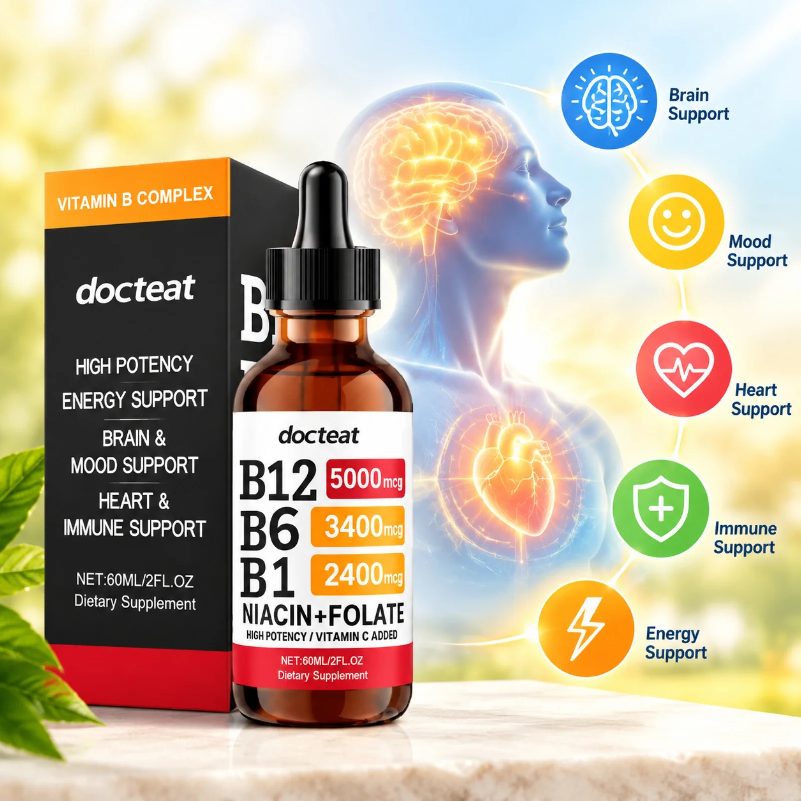 Vitamin B12 Liquid Drops for Energy, Brain, Mood, Heart & Immune Support with Methylcobalamin 5000mcg, B6, B1 & Folate, 60ml