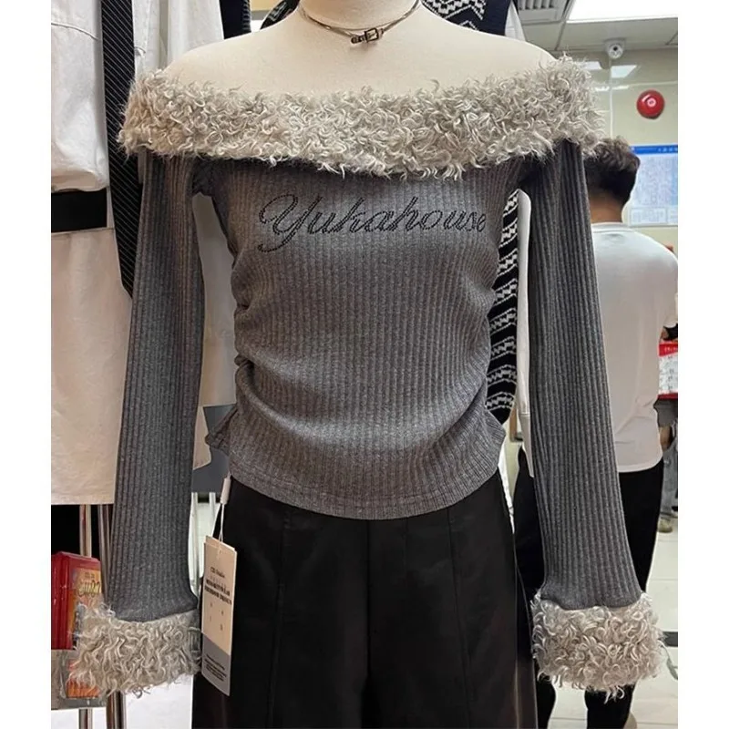 Niche Franse Sexy Slash Hals Gesplitst Nepbont Hoodides Y2k Esthetische Eenvoudige High End Vrouwen Kleding Streetwear Harajuku Tops