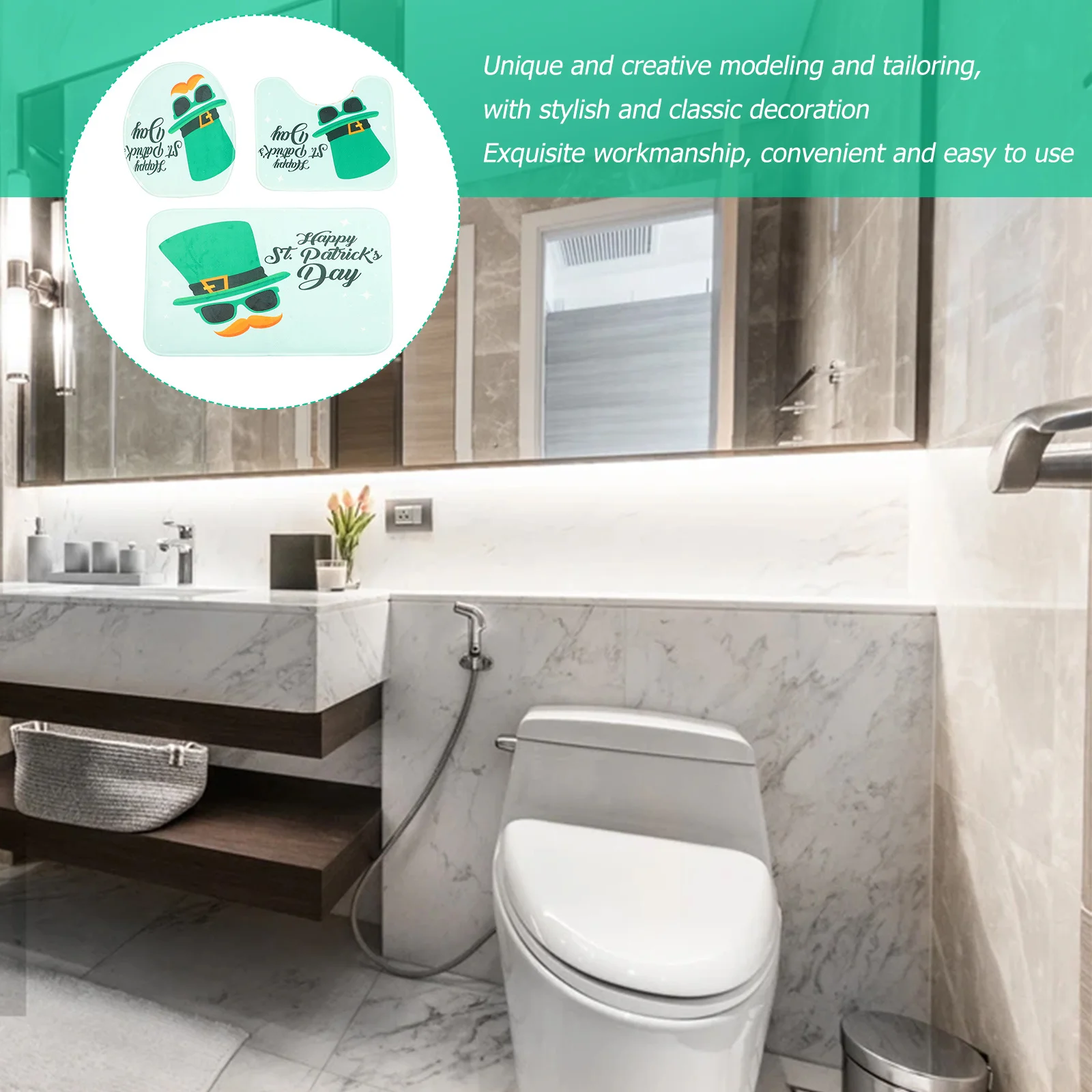 

3Pcs St Patricks Day Toilet Lid Cover Set Non Slip Bathroom Rug Mat Set Home Decoration Home Bathroom Decoration