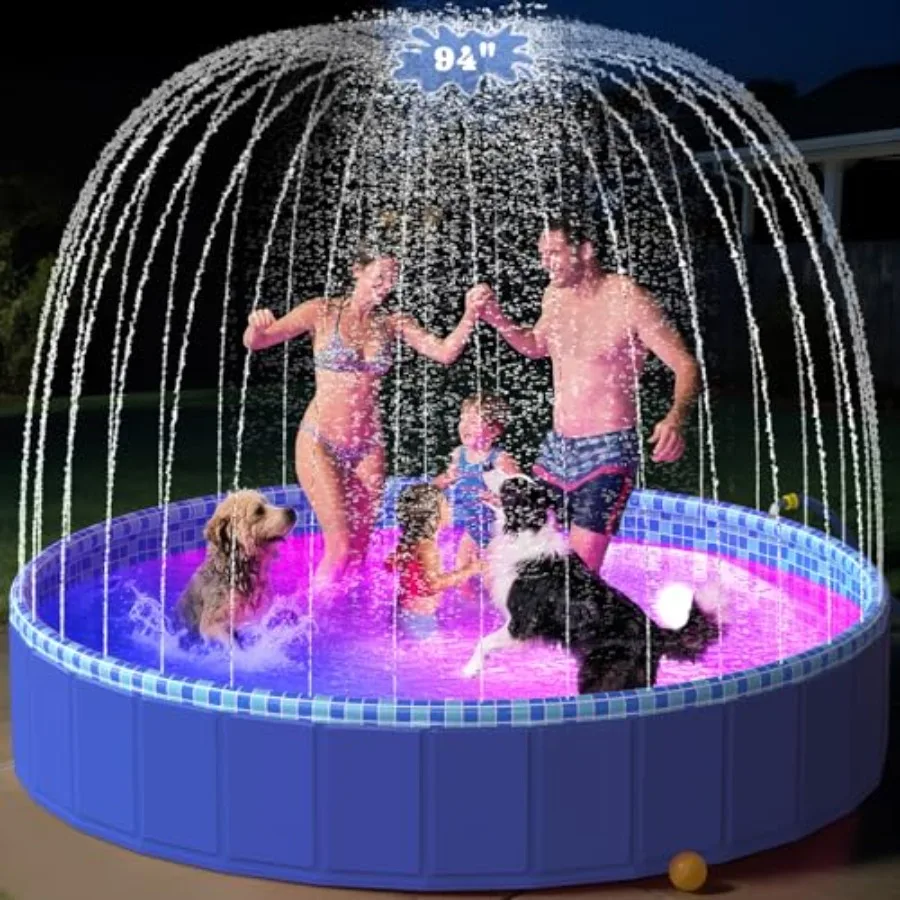 

Foldable Dog Pool with Sprinkler RGB LED Light 94" Collapsible Hard Plastic Kiddie Swimming Splash Pool for Small Medium Large
