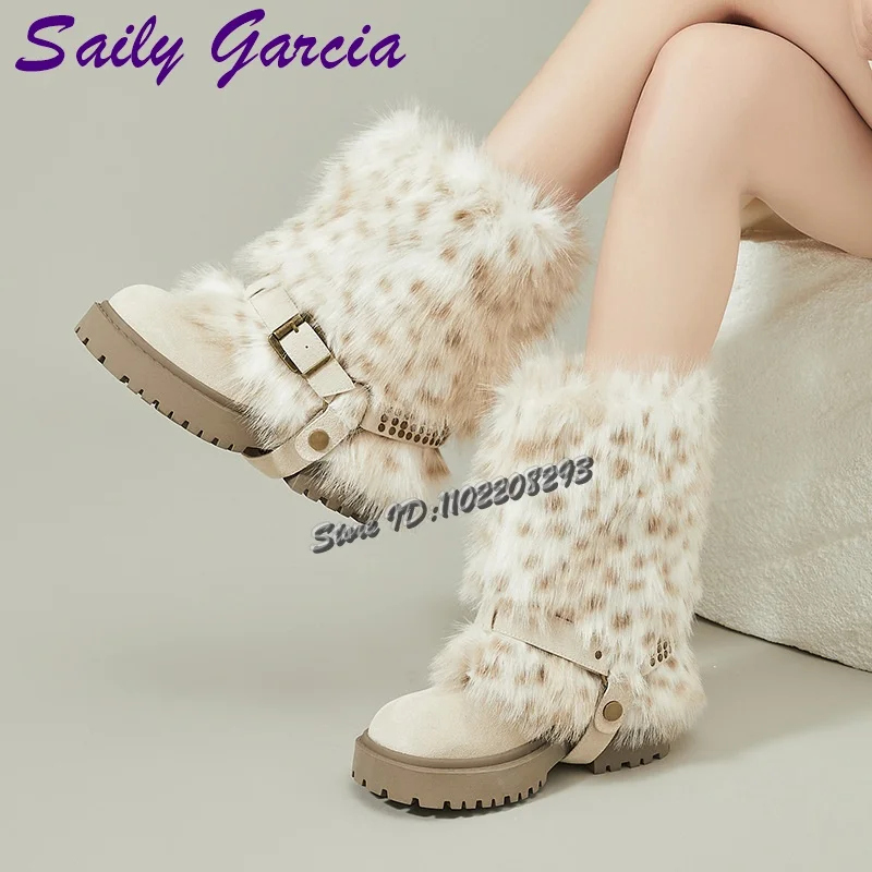 

Round Toe Warm Faux Fur Snow Boots Belt Buckle Straps Square Heel Hot Girl Two-Wear Mid-calf Boots Women's Shoes 2025 Winter New