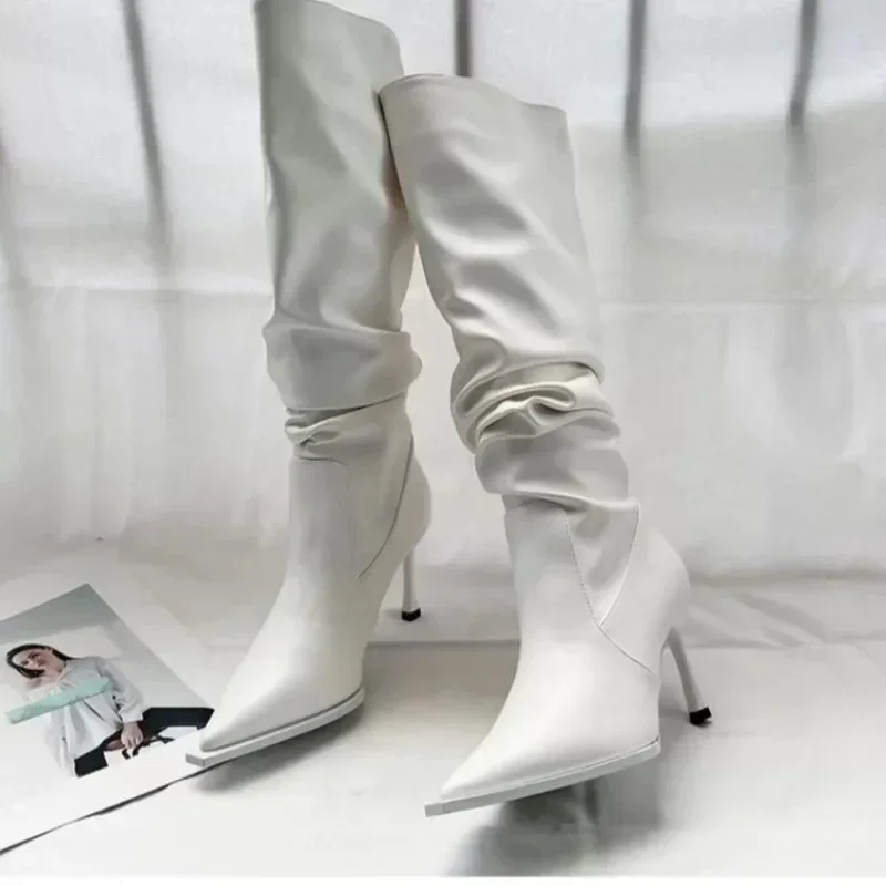 Fashion Pointed Pleated High Barrel Boots Women Trendy Thin Heel Stacked Boots High Heel Knee High Long Barrel Boots 2024