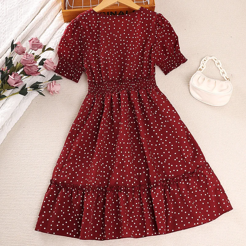 Kid Casual Dress for Girls Summer 2023 New Children Short Sleeve V-neck Dot Print Red Princess Dress Fashion Clothing 7-14Y