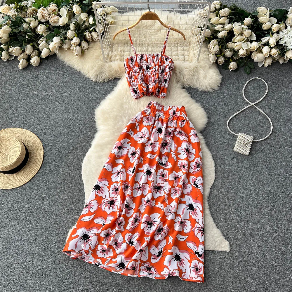 YuooMuoo Women Dress Set 2023 New Summer Vacation Fashion Floral Print Straps Crop Tops + Long Skirts Outfits Beach 2Pcs Suits