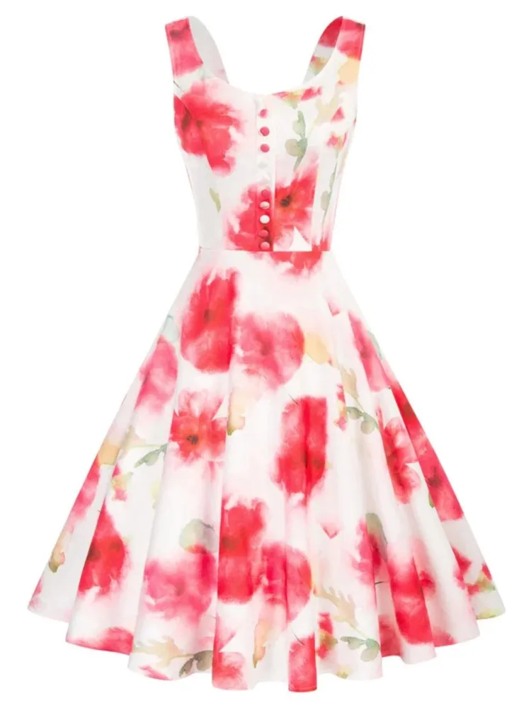 

2025 New French Sexy Dresses Women Summer Fashion Elegant Sleeveless Flower Cherry Printed A Line Party Vacation Vestidos Female