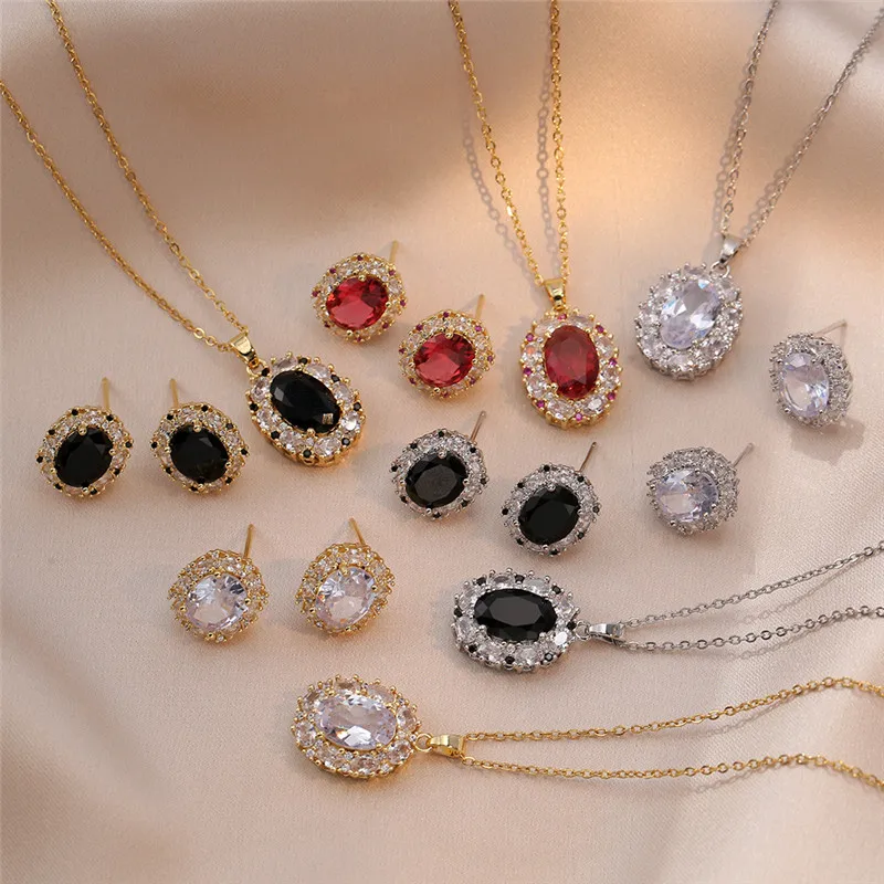 High Grade Zircon Ellipse Jewelry Sets Stainless Steel Fashion Geometric Pendant Necklace Earrings Party Gifts For Women Girls