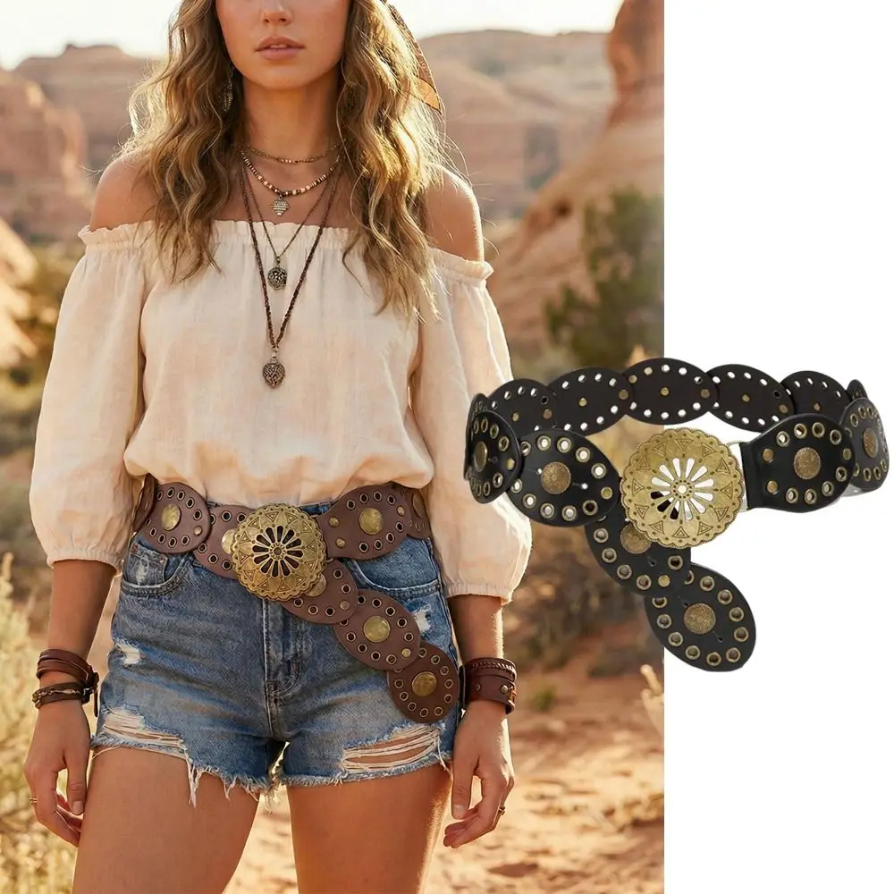 

Fashion Metal Western Style Cowboy Belts Y2K Round Hollow Out Belts Ethnic Style Wide Ethnic Style Waistband Jeans Decorative