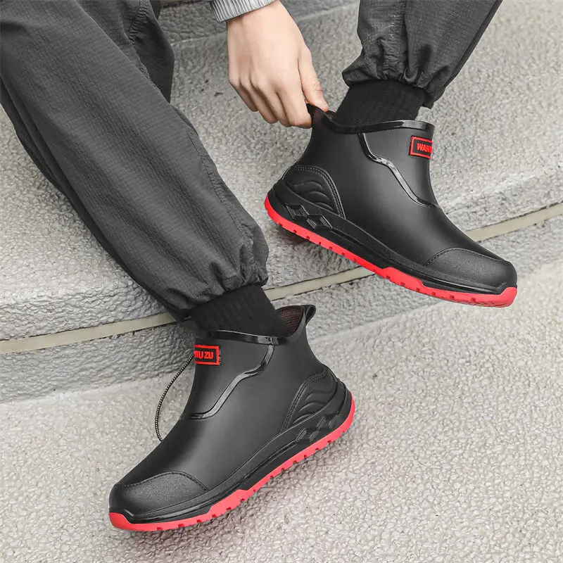 

Мужская обувь для молодых студентов, короткие мотоциклетные байкерские уличные дизайнерские оригинальные пластиковые водонепроницаемые дешевые непромокаемые сапоги для мужчин