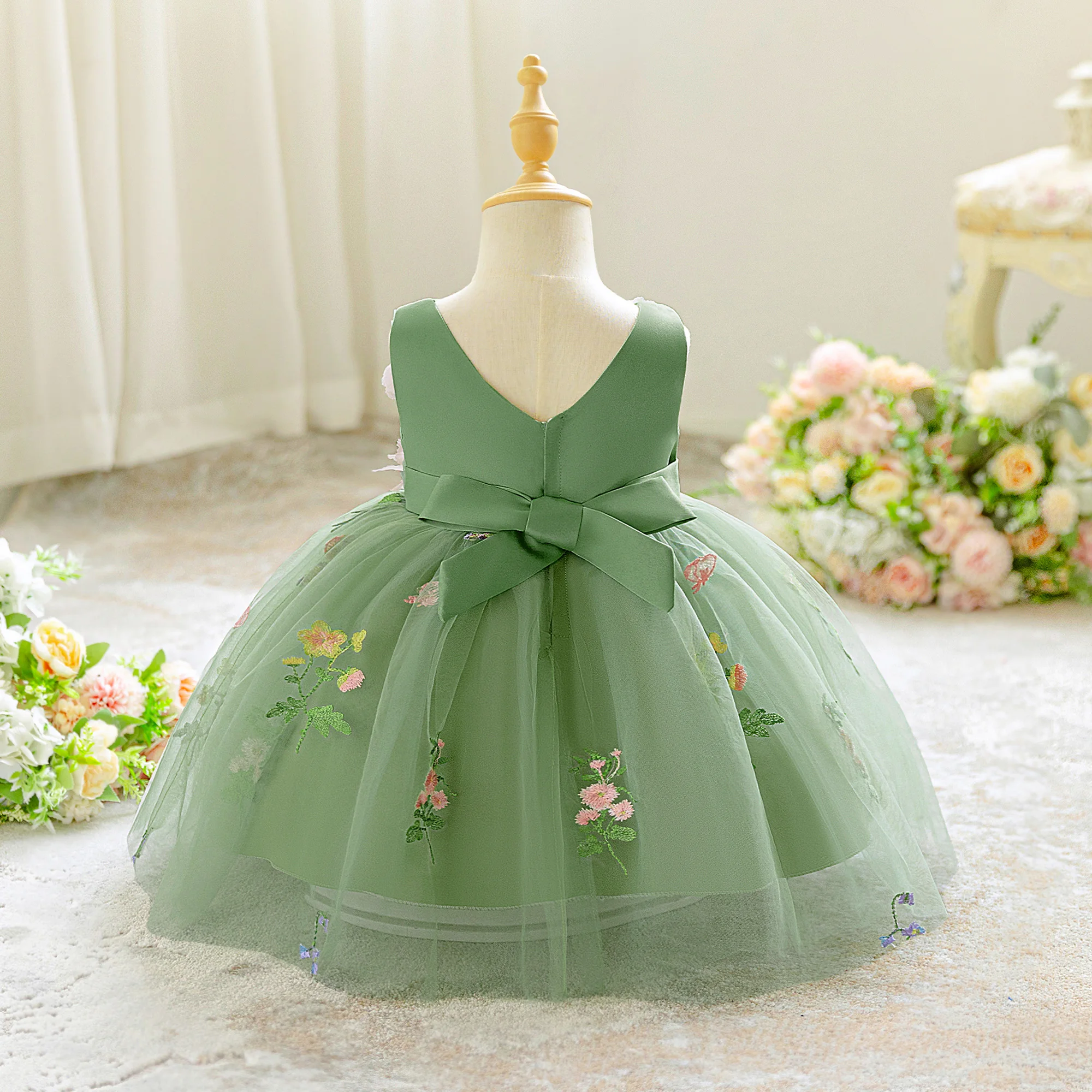 Toddler Bridesmaid Flower Party Baby Girls Dress Toddler Lace 1st Birthday Princess Dress Girl Wedding Baptism Evening Prom Gown