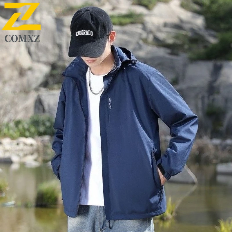 

6XL Men's Jacket Outdoor Camping Hunting Windproof Waterproof Detachable Cap Black Jacket Trench Coat Solid Color Men's Clothing