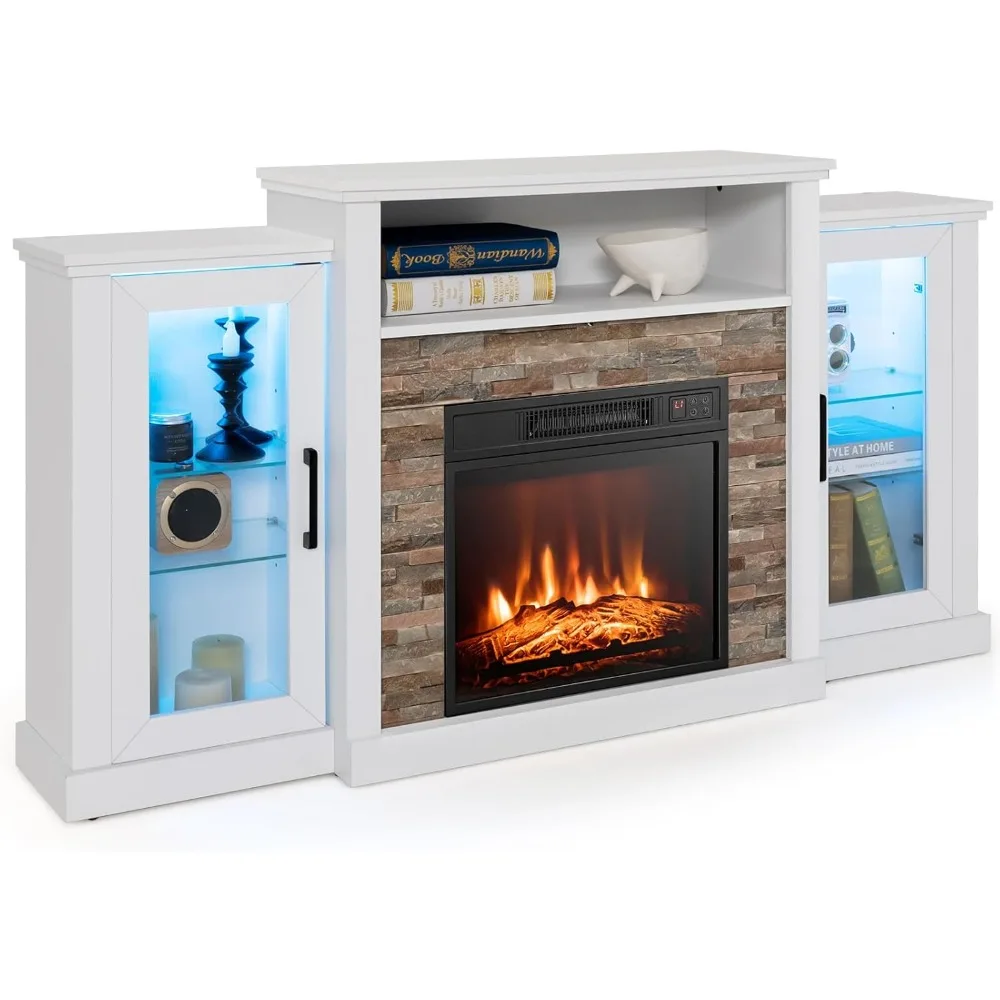 

Electric Fireplace TV Stand, Electric Fireplace Mantel with 16-Color Led Lights, Adjustable Glass Shelves, Remote & Smart