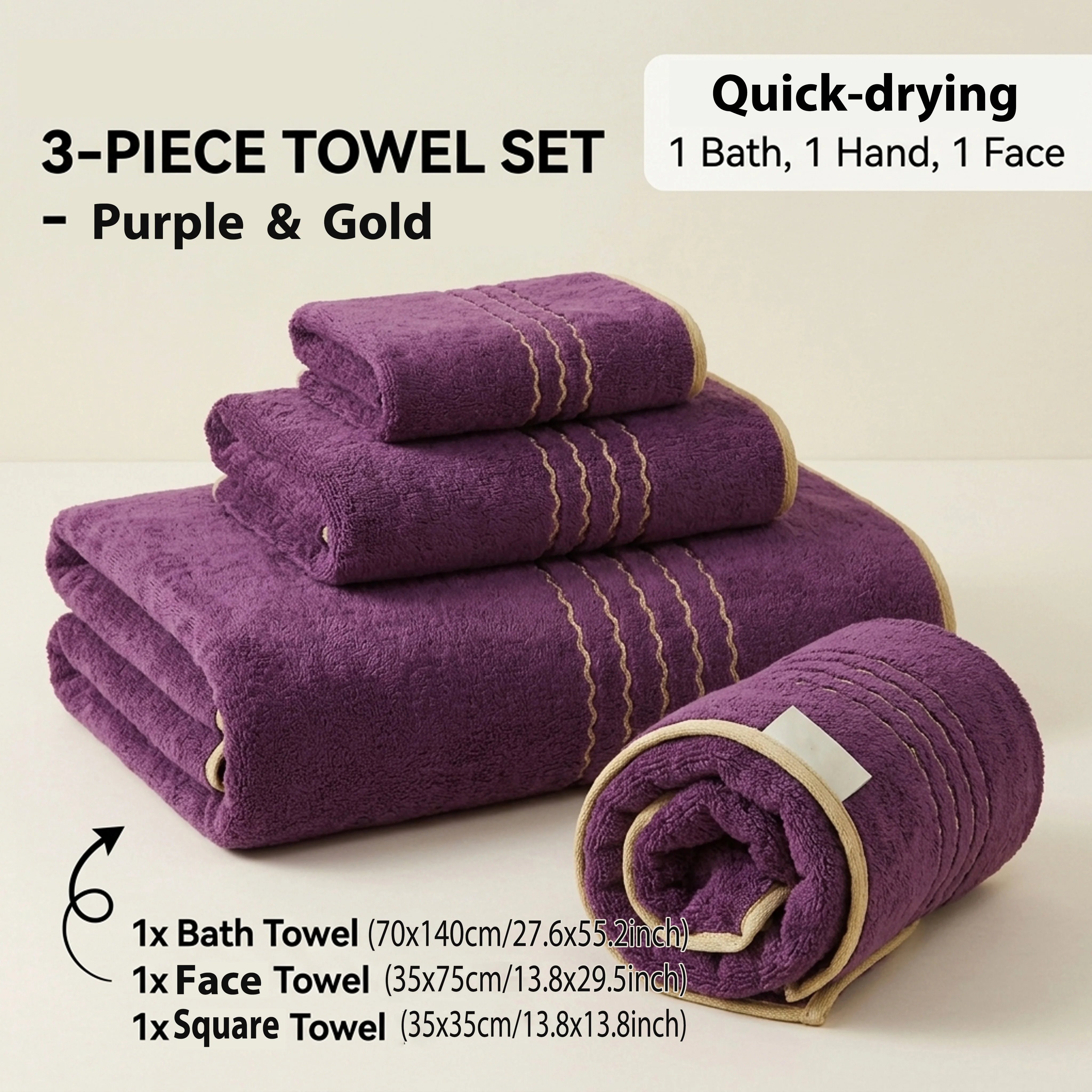 3-Piece Coral Fleece Towel Set with Gold-Trimmed Embroidery: Soft, Quick-Drying, and Highly Absorbent, This Set Is Perfect for Home, Hotels, Spas, Gyms, and Travel. It Makes an Ideal Gift for Housewarmings, Weddings, Mother’s Day, and Christmas.